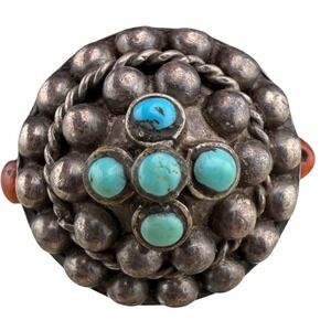 Vintage Sterling Silver Turquoise Coral Native American Style‎ Ring Size 7